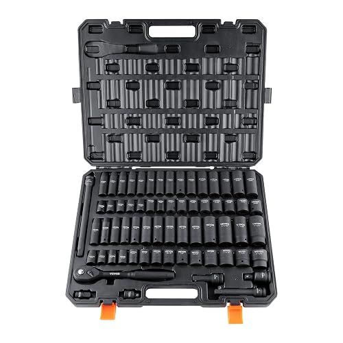 VEVOR 1/2" Drive Impact Socket Set, 65 Piece | SAE 3/8" to 1-1/4" and Metric 10-24mm, 6 Point Cr-V Alloy Steel, Easy-to-Read Size Markings, Rugged Construction