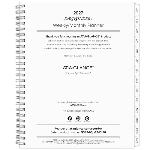 AT-A-GLANCE 2027 Refill for Executive Planner G54500, Weekly & Monthly, 7" x 8.75", DayMinder (G5455027)