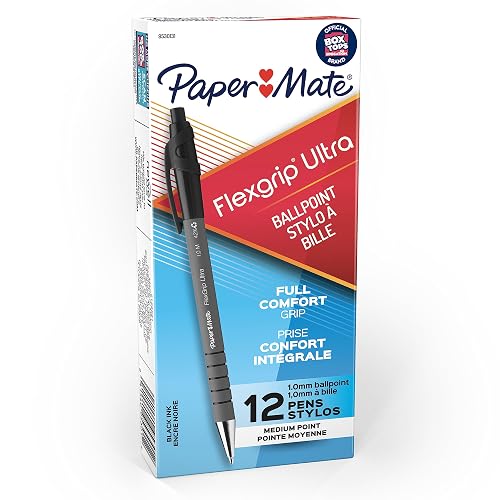 Paper Mate FlexGrip Ultra Retractable Ballpoint Pens, Medium Point (1.0mm), Black Ink, 12 Count - Writing, Journaling, Note-Taking, Office Supplies