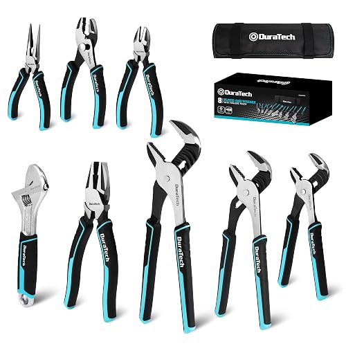 DURATECH 8-Piece Pliers Set with Rolling Pouch, Cr-V/Cr-Ni Construction | 3 Groove Joint Pliers (12", 10", 8"); 8" Adjustable Wrench; Linesman, Long Nose & Slip Joint Pliers; 6" Diagonal Pliers