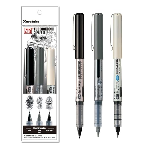 Kuretake Zig Inktober pen set, for Illustration, Manga Drawing, Lettering and Calligraphy, Professional Artist, Made in Japan (FUDEGOKOCHI(3pcs.))