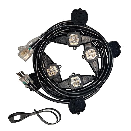 25FT Power Extension Cord - 3 Prong, 14 Gauge SJTW 5-15R Cable - Male Plug to Female Connector - 5 Outlet - Multiple Evenly-Spaced Plug - Suitable for Stage Setting or Outdoor - UL Certified