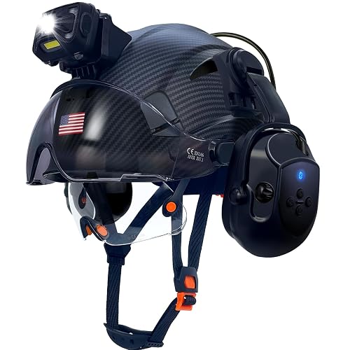 SAFEBUILDER Hard Hats with Bluetooth Ear Muffs Headlight Safety Helmet with Visor Vented Adjustable Construction Forestry Hardhats ANSI