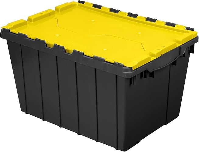 Akro-Mils KeepBox 12 Gal Storage Box, Lid Attached, Stackable, Black/Yellow | 12 Gallon Plastic Storage Container, Nesting, Stackable, Organizer Tote for Garages, Closets, Moving, 21-1/2" x 15" x 12-1/2"