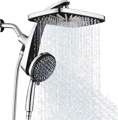 Rain Shower Head with Handheld Showerhead, Chrome 1.8GPM 460311 | 12" High Pressure Rainfall Shower Heads, 9 Sprays Handheld Showerheads, Magnetic Docking, Power Jets, 59" Shower Hose