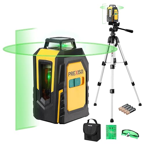 PREXISO 360° Laser Level with Tripod, 100Ft Self Leveling Cross Line Laser | Green Horizontal Line for Construction, Floor Tile, Renovation with Target Plate, Green Glasses, Carry Bag, 4 AA Batteries