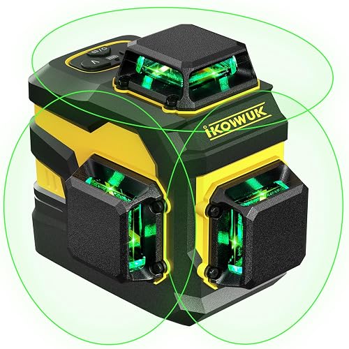 IKOVWUK Laser Level with 12 Green Lines, Built-in 5200 mAh Li-ion Battery | 3×360° Full Coverage, for Construction and Picture Hanging