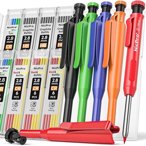 Nicpro 5 Pack Carpenter Pencil with Sharpener & Holster, Carpenter Tools | Mechanical Carpenter Pencils with 53 Refills, Heavy Duty Construction Pencil, Comfort Grip Woodworking Pencils for Architect