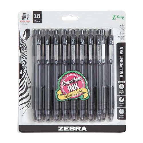 Zebra Pen Z-Grip Retractable Ballpoint Pen, Black Ink, 1.0mm, 18-Pack | Smooth Writing, Medium Point Tip, Ideal for Planners, Note-Taking, School and Office Supplies, and Everyday Writing (22218)