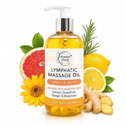 Lymphatic Massage Oil for Massage Therapy | with Arnica, Lemon & Ginger | 100% Natural Lymphatic Drainage Oil | Premium Quality | for Post Surgery & Detox | 8oz Made in USA by Brookethorne Naturals