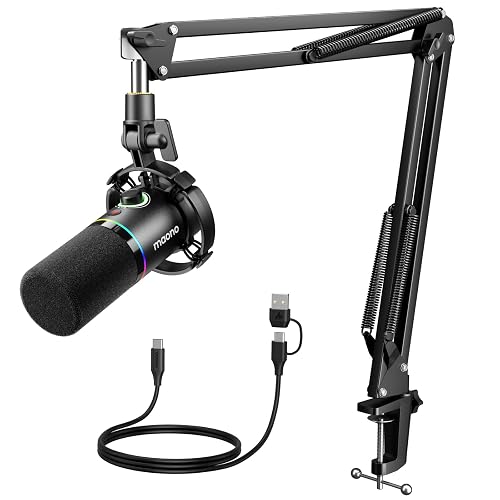 MAONO PD200XS XLR/USB Dynamic Microphone Kit, RGB Gaming Mic with Software | PC Mic with Mute, Gain Knob, Volume Control, Boom Arm for Streaming, Gaming, Podcasting, Voice-Over, Recording