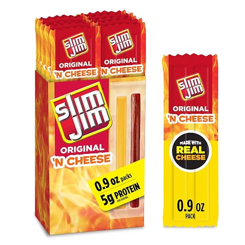 Slim Jim Smoked Meat Jerky Snack Sticks & Cheese, Original, 0.9 oz., 10-ct | 5g protein per serving; Original flavor; made with real cheese; great on-the-go snack for road trips & lunchboxes