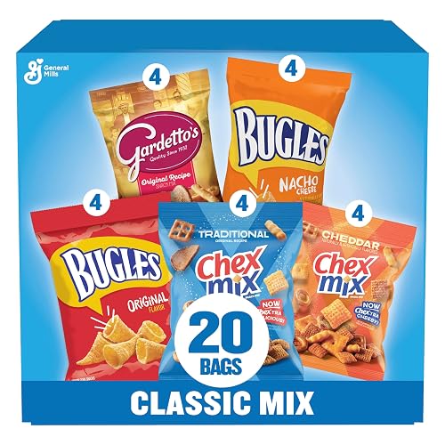 Classic Mix Snack Variety Pack, Bugles, Gardetto's, Chex Mix, 20 ct | Bugles Original and Nacho Cheese, Gardetto's Original Recipe, Chex Mix Traditional and Cheddar, 4x5 Single Serve Bags, 28 oz