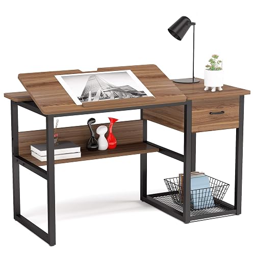 Tribesigns Drafting Table with Storage Drawers, Drawing Computer Desk Artist Craft Table Painting Desk Workstation with Shelves and Tiltable Tabletop for Students, Home Office