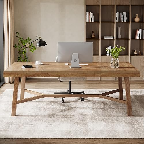 Tribesigns 71-Inch Executive Desk, Farmhouse Computer Desk for Home Office | 71" L x 32" D Large Desk, Office Desk with Sturdy Metal Legs, Rectangular Table Desk for Office, Easy Assembly, Natual Wood