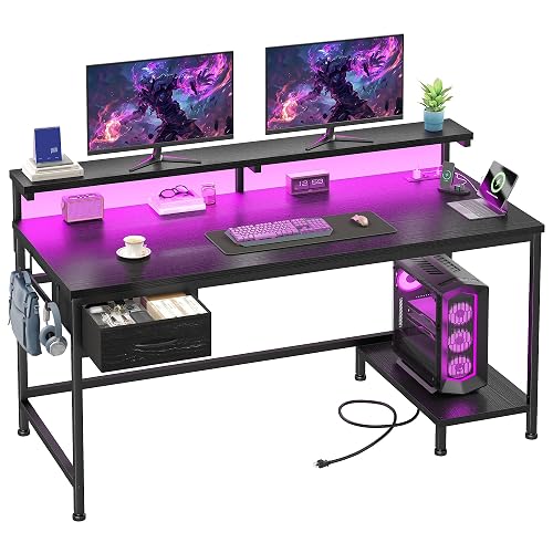 DurayLoly 39.3" Gaming Desk with Power Outlet and LED Lights,Bedroom,Black | Computer Desk with Adjutable Monitor Stand,Fabric Drawer,Office Desk with CPU Stand, Home Work,Study and Gaming,Small Spaces