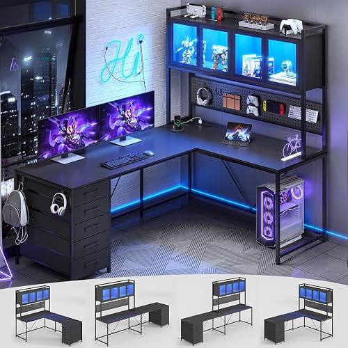 SEDETA L Shaped Gaming Corner Desk with Drawers, Hutch and Storage Shelves | Reversible Computer Desk, Gaming Desk with Pegboard, Led Lights, and Power Outlet for Home Office, Small Space, Black