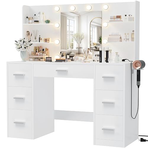 Furmax Vanity Desk with LED Mirror,Power Outlet,7 Drawers Makeup Table | LED Lighted Mirror & Built-in Outlet,7 Drawers and 6 Shelves,Organized Makeup Storage for Bedroom,White