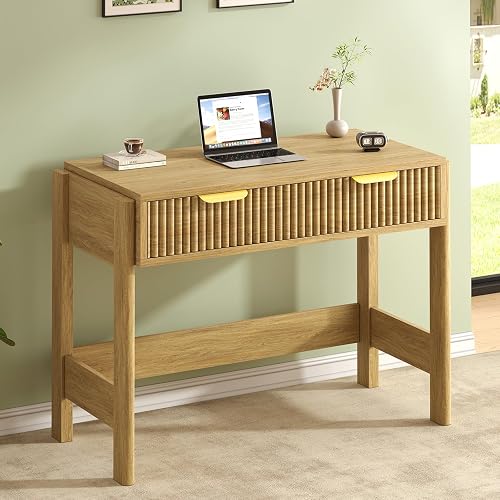 34 Inch Small Fluted Computer Desk with Drawer for Bedroom, Home Office | Small Desk with Storage for Bedroom, Wooden Desks Compact Writing Study Table for Vanity Desk Small Spaces, Oak