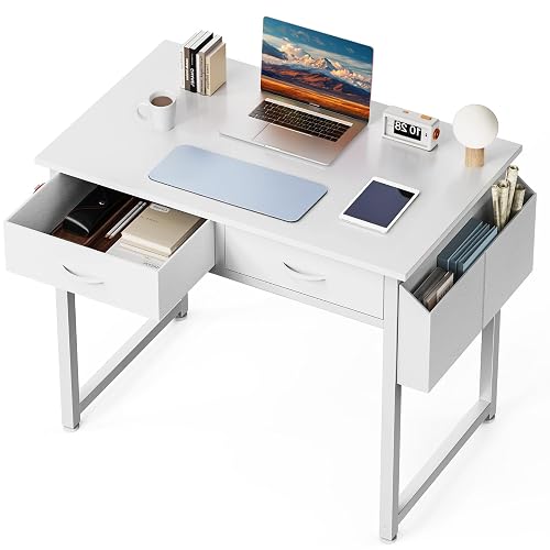 DUMOS 32" Home Office Computer Desk with Drawers, Small Gaming Writing Study Table with Storage Side Bag, Headphone Hook and Adjustable Feet for Bedroom White