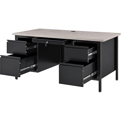 Global Industrial 60" W x 30" D x 30-1/2"H Steel Teacher's Desk, Gray Top | Black Frame, Double Pedestal Desk with Center Drawer, 4 Locking Box/Box Drawers