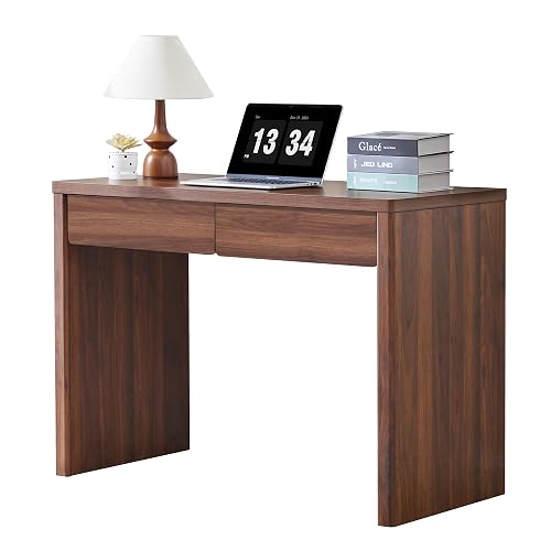 affeivul 43 Inch Small Computer Desk with 2 Drawers, Mid Century Modern Writing Study Table for Home Office, Vintage PC Work Desk with Storage for Bedroom Small Spaces, Easy Assembly, MDF - Walnut