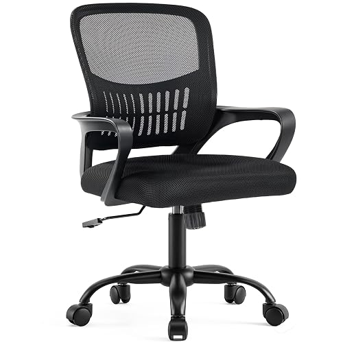 DUMOS Home Office Chair, Computer Desk Chair, Lumbar Support | Ergonomic Mid Back Mesh, Height Adjustable Fixed Armrest, Rocking Mode 360 Swivel, Computer Conference, Black