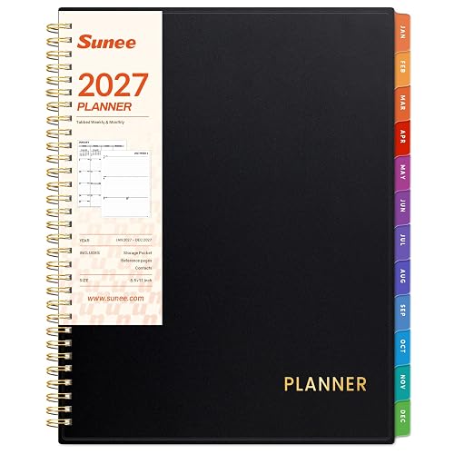 SUNEE 2027 Weekly and Monthly Planner - from January 2027 - December 2027, Daily Agenda Planner with Monthly Tab, Flexible Cover, Note Pages, Pockets, Bookmark, Spiral Binding, Black, 8.5"x11"