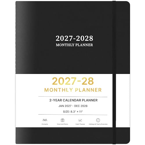 2027-2028 Monthly Planner, 2 Year Calendar Planner, Jan 2027 - Dec 2028, 8.3'' x 11'', 24 Months, Embossed Cover, with Printed Tabs ＆Pocket, Elastic Closure, Organizer for Office Home School, Black