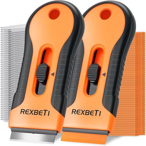REXBETI Razor Blade Scraper Tool, Paint, Windows, Glass Stovetop Scraper | 2 Scrapers, 30 Metal & 50 Plastic Blades, Removing Paint, Grease, Adhesive, Stickers, Labels, Decal, General Cleaning Tool