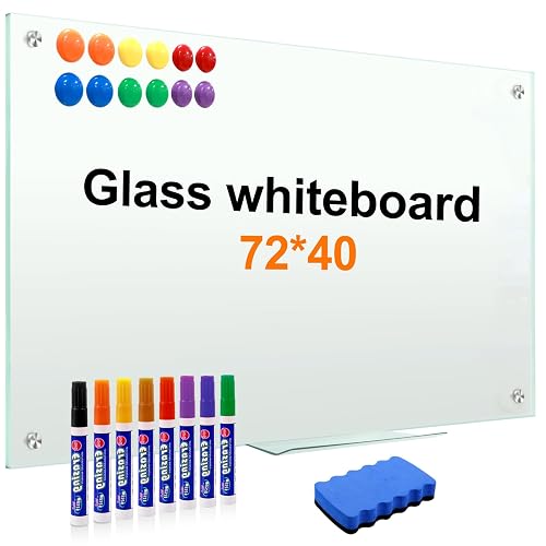 H-Qprobd Dry Erase White Board for Wall 72"x40" Magnetic Glass Frameless Whiteboard Mount for Home School Supplies or Home Office Decor, Includes 8 Magnets, 8 Markers and 2 Erasers