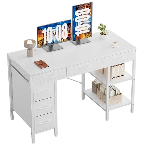 Sweetcrispy 47" Computer Desk with 6 Fabric Drawers & Storage Shelves | Reversible Gaming Desk, Office Desk, Computer Workstation, Corner Desk with Storag, Home Office, Living Room, White