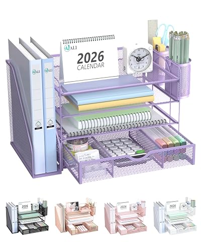WALI Desk File Organizer, 4 Tier Desktop Paper Letter Tray Organizer with Drawer and 2 Pen Holders, Office Desk Accessories & Workspace Organizers for Office, Home Supplies(DO005DH-V), 1 Pack, Purple