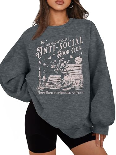 LUKYCILD Anti Social Book Club Sweatshirt Women Oversized Book Lover Teacher Shirt Funny Graphic Long Sleeve Tee Top