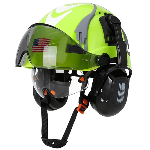 Aolamegs Safe Hard Hat with Dual Visor and Hearing Protection-OSHA Approved Construction Hard Hats with Visor Sunglasses Earmuffs for Men,Vented Forestry Chainsaw Arborist Helmet with Chin Straps