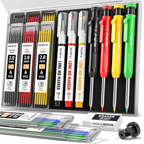 Nicpro 4 Pack Carpenter Pencils with Sharpener, (Red, Black, Yellow, Green) | Construction Mechanical Pencil Set +52 Refills, Heavy Duty Working Tools, Long Nib Marker Pens for Architect Marking