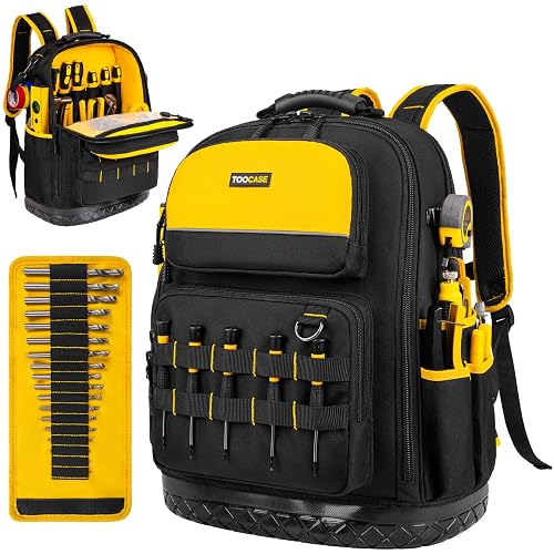 Tool Backpack Bag,55 Pockets HVAC Heavy Duty Construction Tools Backpack for Men with Waterproof Molded Bottom,Durable Electricians Toolbag Organizer with Extra Drill Bit Roll Pouch,Dad Gifts for Men