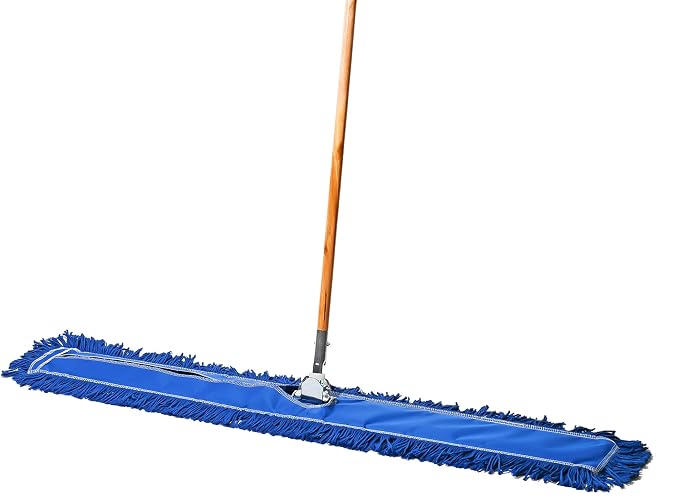 Tidy Tools Commercial Floor Sweeper, 48 in. Reusable Mop Head, Wooden Handle, Industrial Dry Mop for Hardwood Floors, Blue