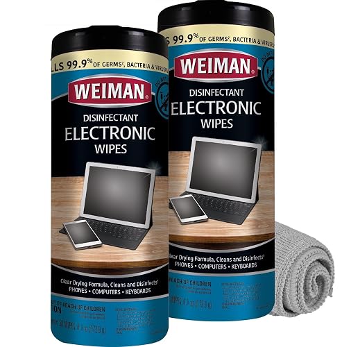 Weiman Electronics & Screen Disinfecting Wipes - Safely Clean and Disinfect Your Phone, Laptop, Keyboard, Tablets, Lens, Wipe, Glasses Cleaner, 30 Count, 2 Pack with MicroFiber Towel