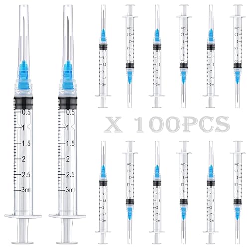 100PCS -3ml Luer lock Syringes with 23ga Needles, Individually Packaging Disposable Plastic Syringes and Needles for Scientific Labs, Industrial, Animal and Pet Supplies