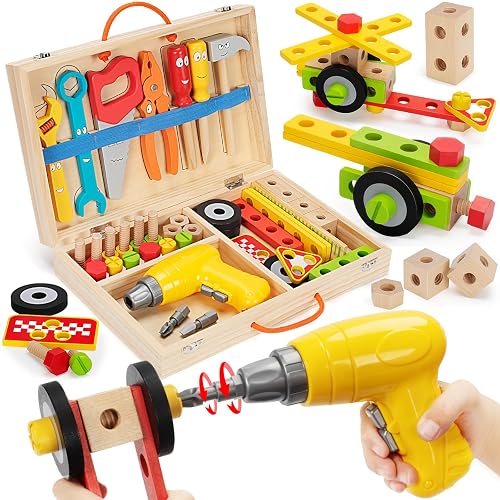 44 Pcs Toddler Tool Set, Wooden Tools for Kids Ages 3-5 with Drill and Box | Toy Tools for Toddlers 3-5 with Drill, Bolts and Wheels in a Portable Wooden Box for Pretend Building and Fine Motor Skills