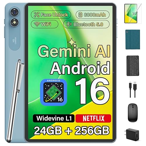 Android 10 inch Tablet with Keyboard, Android 16, 24GB+256GB+2TB-Green Case | Electronic Tablet with 8-Core, Gemini AI, WiFi, 8000mAh, GPS, 2-in-1 Tablet with Case/Mouse/Stylus