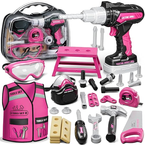 KidBloom Kids Tool Set, Toddler Tool Set with Box, Toys for 3 Year Old Girl | Construction Toys with Electric Toy Drill, Toy Tools with Vest, Pretend Play Tools for Kids, Birthday Gifts for 3 4 5 6 7 8 9