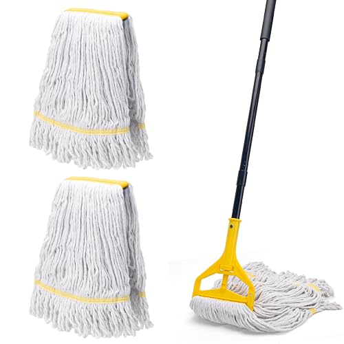 Commercial Mop with 3 Large Replacement Heads,Heavy Duty Industrial Mops | 59" Long Handle,for Floor Cleaning,Looped-End String Wet Cotton Mop for Home,Kitchen,Office,Garage,Concrete/Tile Floor