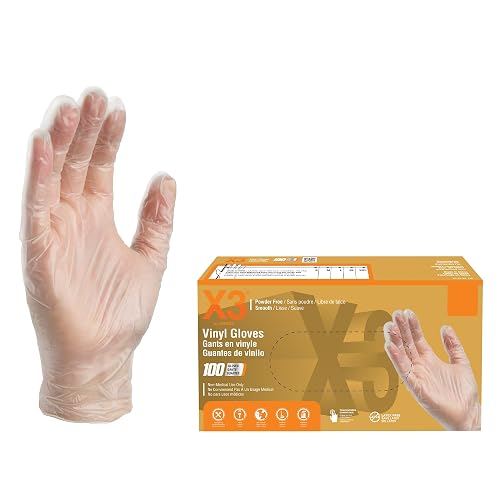 X3 Clear Vinyl Disposable Industrial Gloves, 3 Mil, Latex & Powder-Free, Food-Safe, Non-Sterile, Smooth