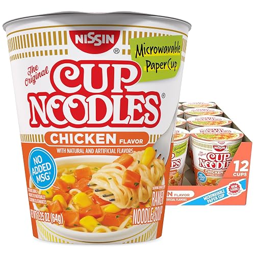Nissin Cup Noodles Ramen Noodle Soup, Chicken, Microwaveable Paper Cup, 2.25 Ounce (Pack of 12) | Instant Ramen Noodle Soup, Microwaveable Paper Cups