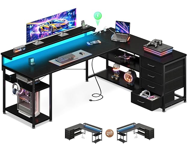 AODK 61 Inch L Shaped Computer Desk with 4 Drawers, LED Lights, Black | Power Outlets, Adjustable Monitor Stand, Open Storage Shelves, Reversible Layout for Gaming and Home Office
