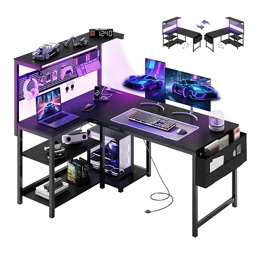 47in L Shaped Gaming Desk with Pegboard & Shelf & Storage Bag, Black | LED Light, Power Outlet, Reversible Gaming Table, Escritorio Gamer, Corner Computer Desk for Small Space Storage, Home Office