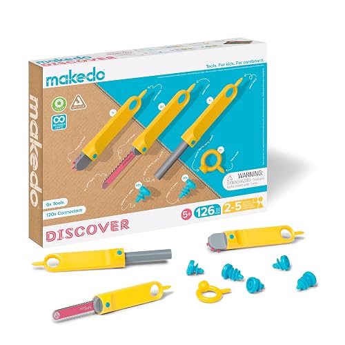Makedo Discover | 126 Piece Cardboard Construction Toolbox for 1-5 Makers | STEM and STEAM Educational Toys for Kids | At Home Play + Classroom Learning | Reusable Tools for Boys and Girls Age 5+ | STEM + STEAM Educational Toys for Kids | At Home Play + Classroom Learning | Reusable Tools for Boys and Girls Age 5+