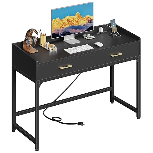 HIGDBFE Small Desk with 2 Drawers & Charging Station, 39.4", Black | 2 AC & 2 USB Ports, Ball Bearing Drawer Slides, Compact Design for Bedrooms & Small Spaces